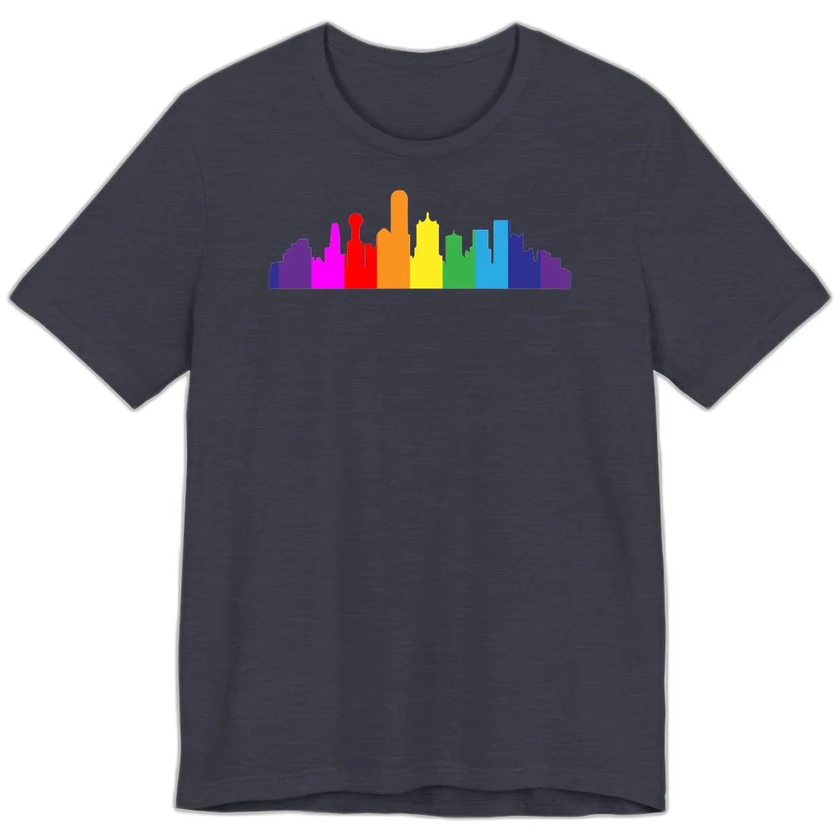 Colorful city skyline silhouette in rainbow pride colors transitioning from purple through red, orange, yellow, green, cyan and blue in Heather Midnight Navy