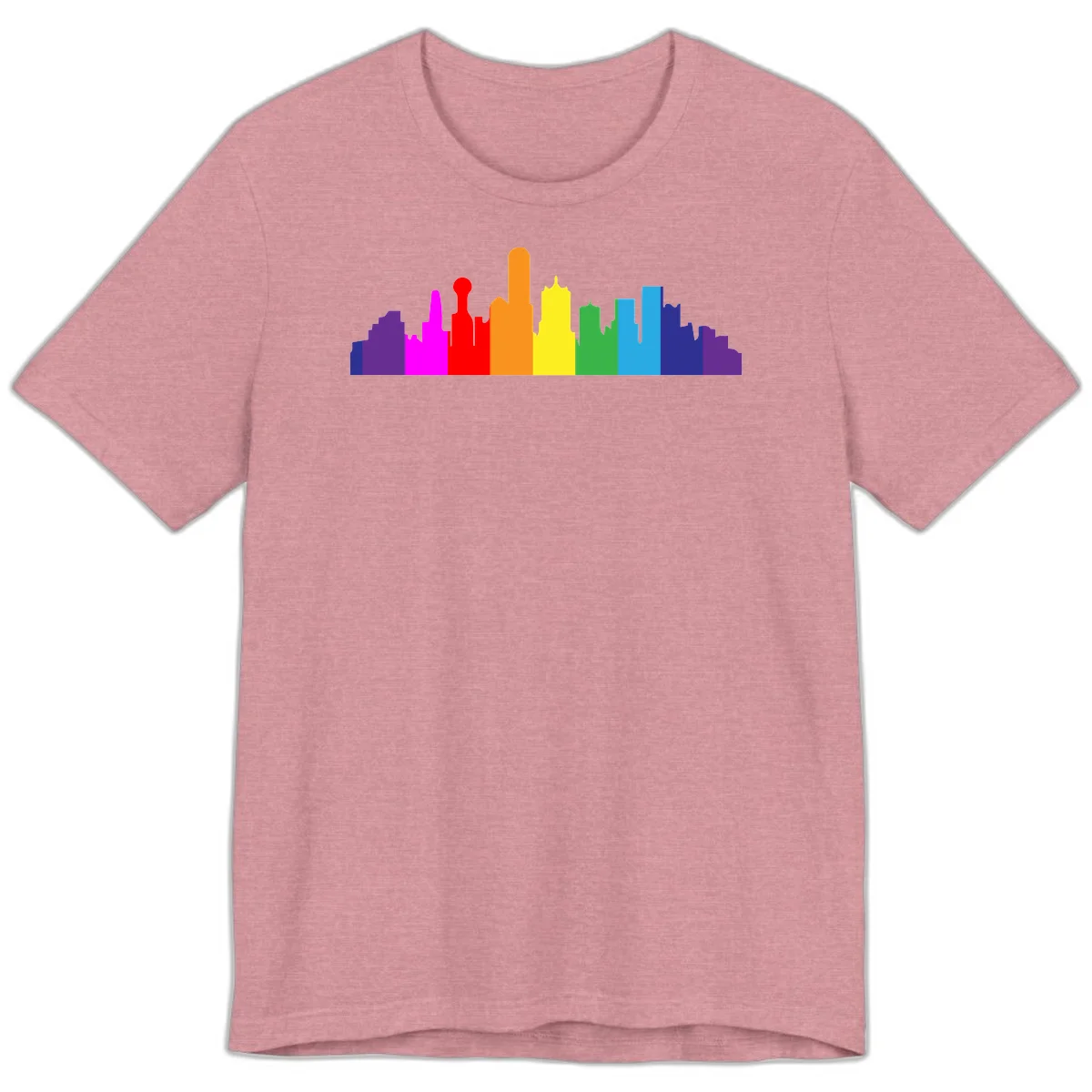 Colorful city skyline silhouette in rainbow pride colors transitioning from purple through red, orange, yellow, green, cyan and blue in Heather Orchid