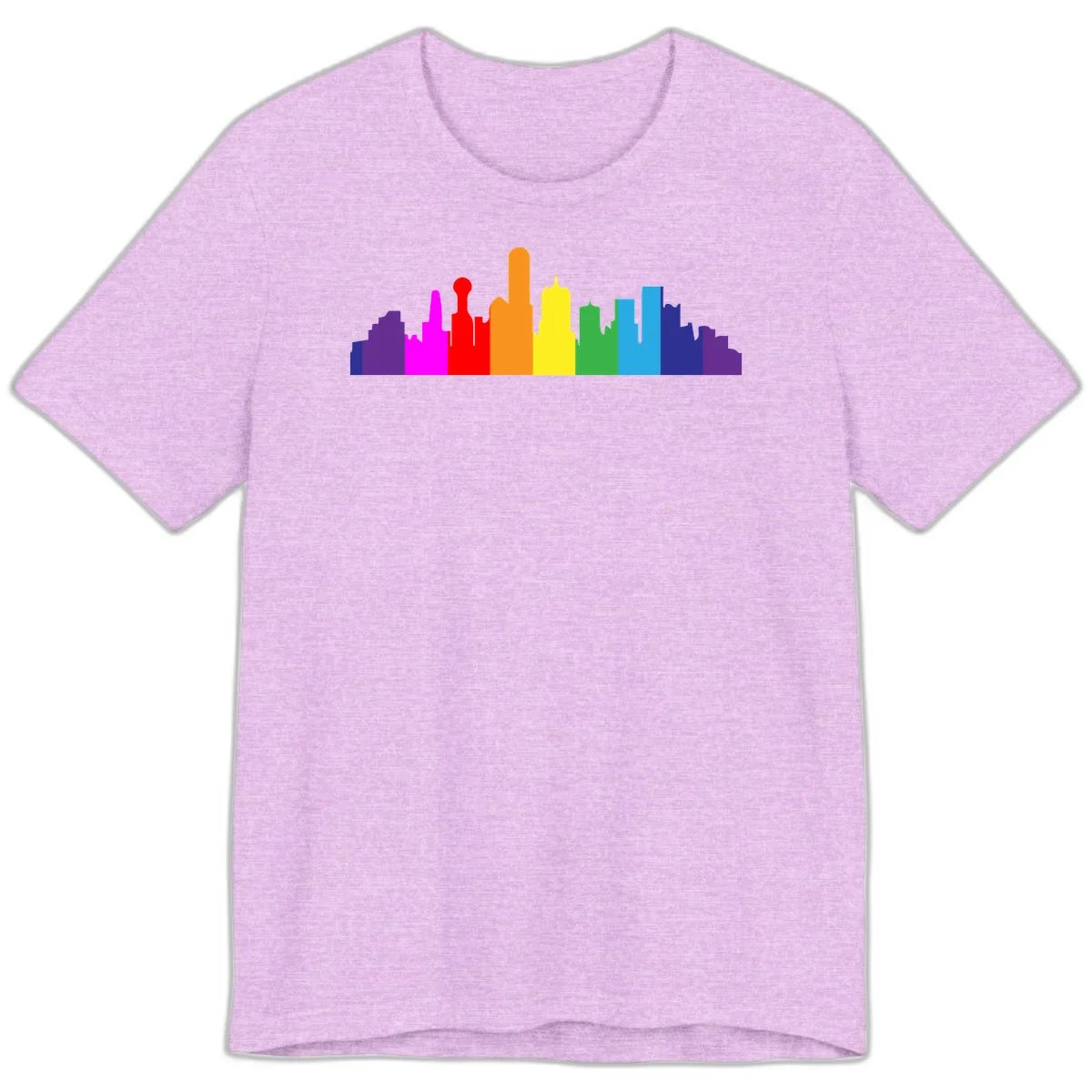 Colorful city skyline silhouette in rainbow pride colors transitioning from purple through red, orange, yellow, green, cyan and blue in Heather Prism Lilac
