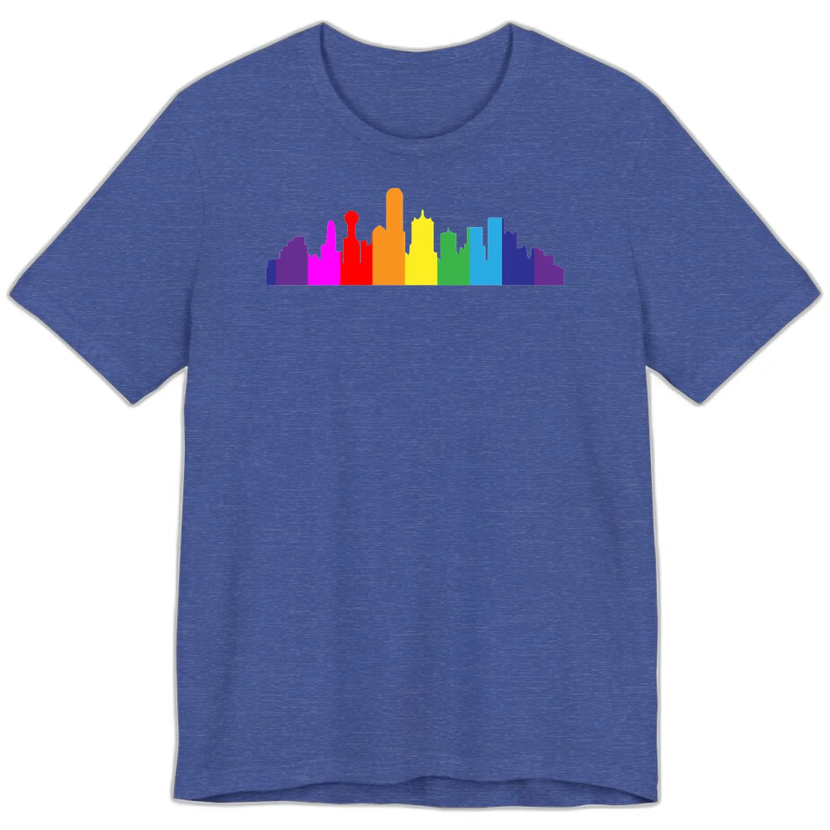 Colorful city skyline silhouette in rainbow pride colors transitioning from purple through red, orange, yellow, green, cyan and blue in Heather True Royal