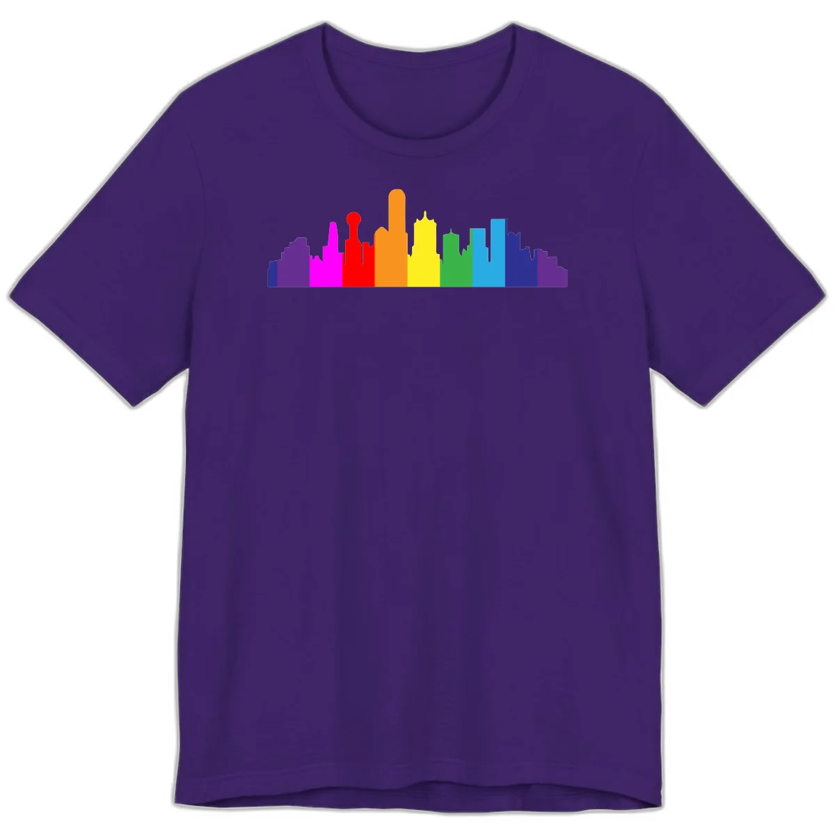 Colorful city skyline silhouette in rainbow pride colors transitioning from purple through red, orange, yellow, green, cyan and blue in Team Purple