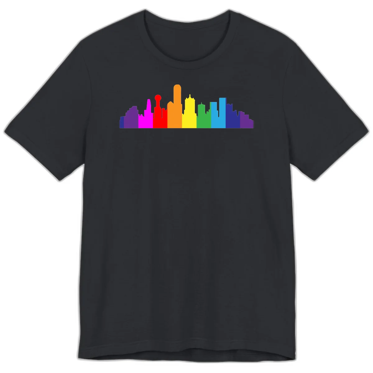 Colorful city skyline silhouette in rainbow pride colors transitioning from purple through red, orange, yellow, green, cyan and blue in Vintage Black