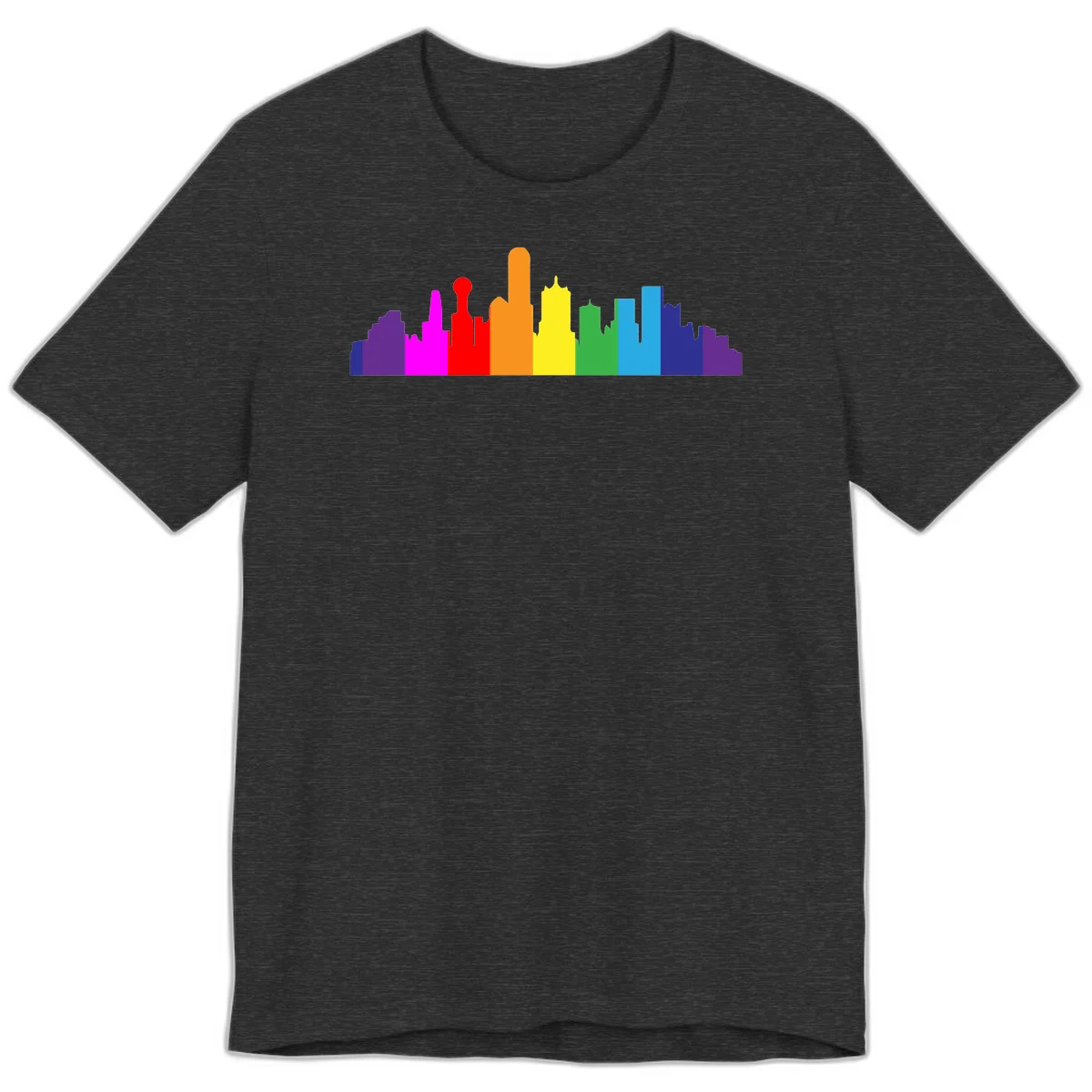 Colorful city skyline silhouette in rainbow pride colors transitioning from purple through red, orange, yellow, green, cyan and blue in Dark Grey Heather