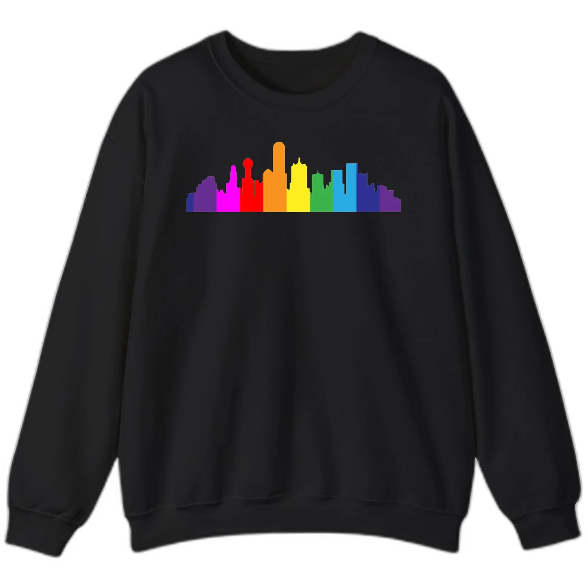 Colorful city skyline silhouette in rainbow pride colors transitioning from purple through red, orange, yellow, green, cyan and blue in Black