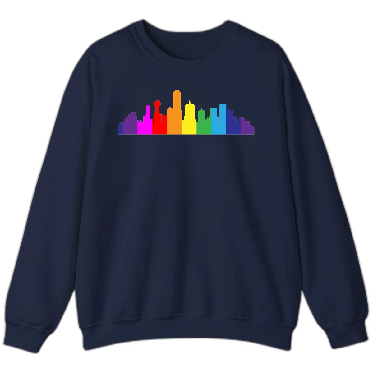 Colorful city skyline silhouette in rainbow pride colors transitioning from purple through red, orange, yellow, green, cyan and blue in Navy