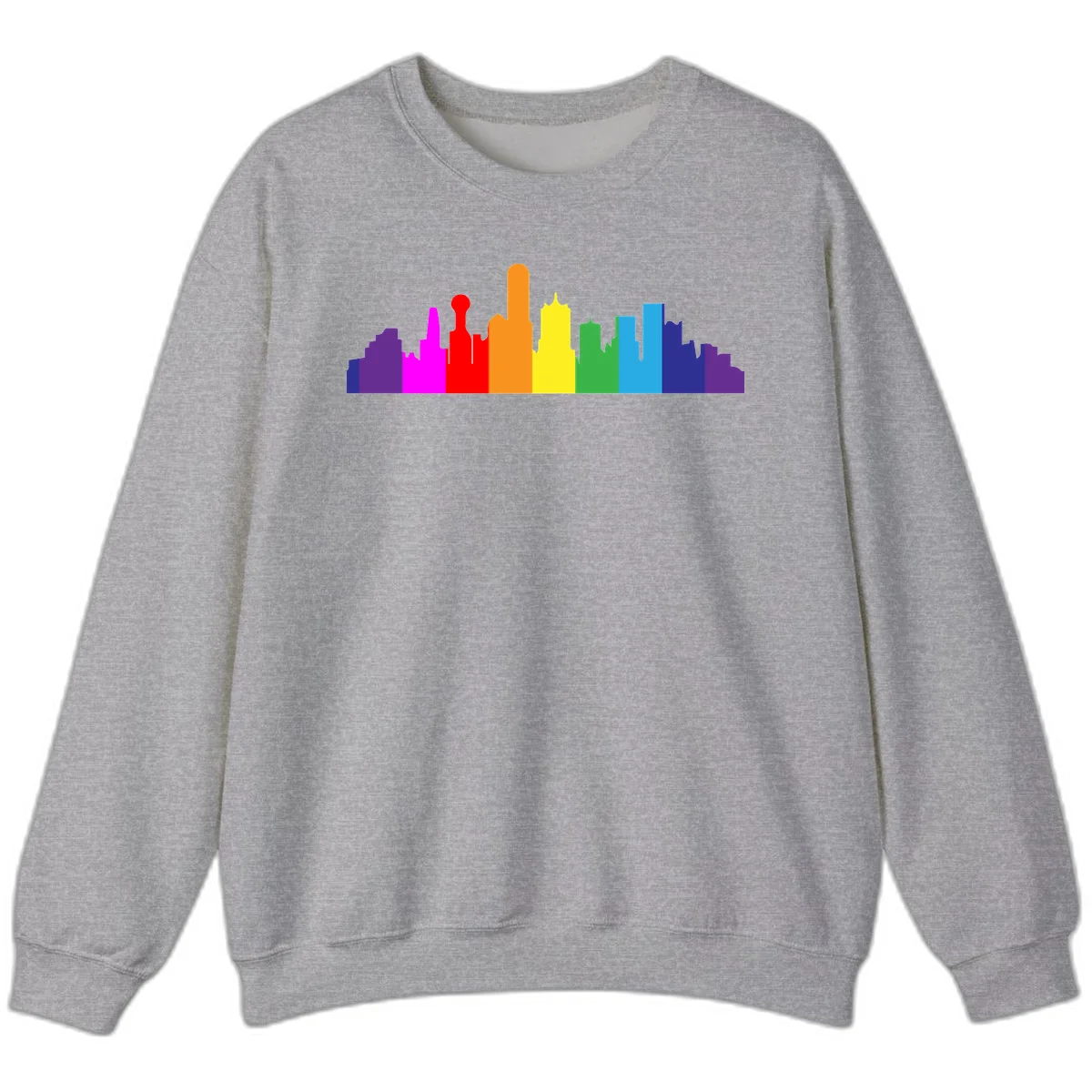 Colorful city skyline silhouette in rainbow pride colors transitioning from purple through red, orange, yellow, green, cyan and blue in Sport Grey