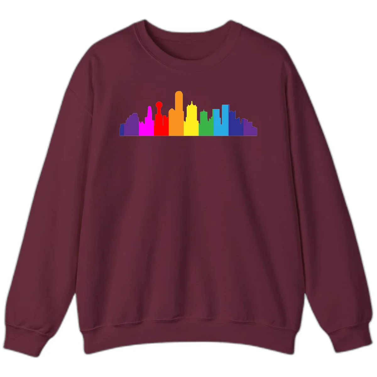 Colorful city skyline silhouette in rainbow pride colors transitioning from purple through red, orange, yellow, green, cyan and blue in Maroon