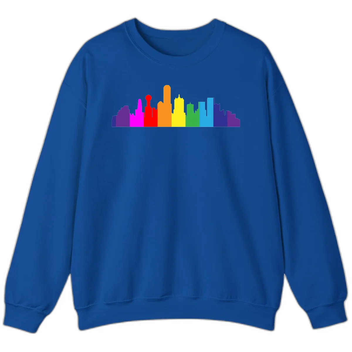 Colorful city skyline silhouette in rainbow pride colors transitioning from purple through red, orange, yellow, green, cyan and blue in Royal