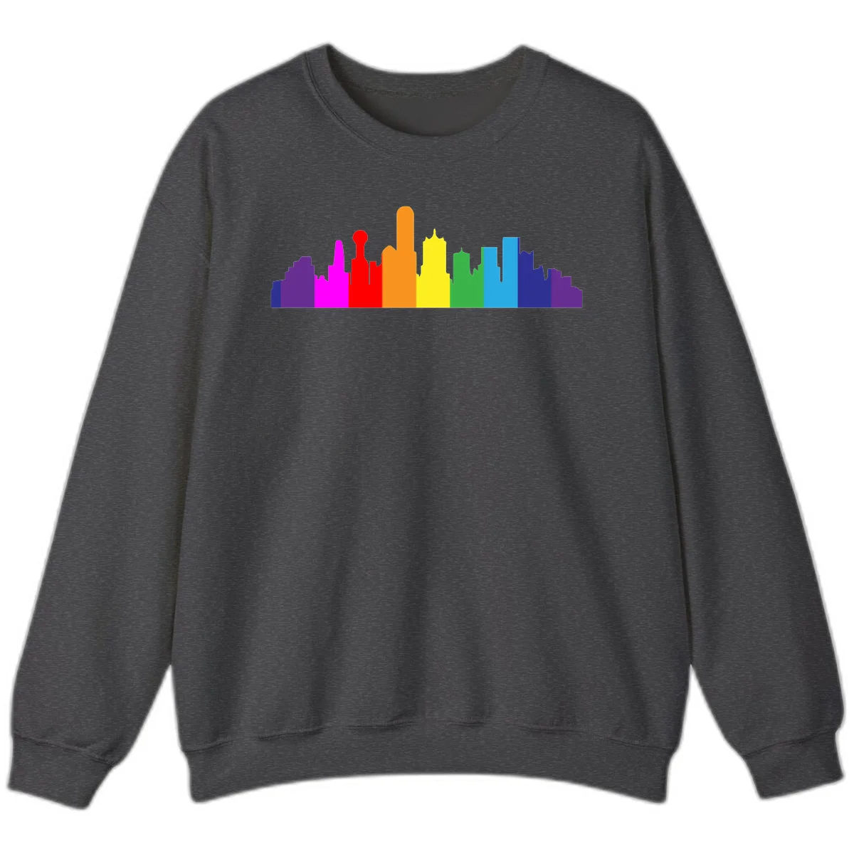 Colorful city skyline silhouette in rainbow pride colors transitioning from purple through red, orange, yellow, green, cyan and blue in Dark Heather