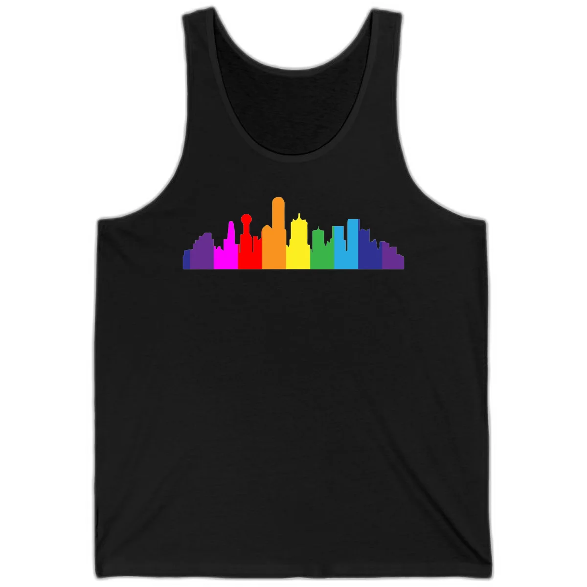 Colorful city skyline silhouette in rainbow pride colors transitioning from purple through red, orange, yellow, green, cyan and blue in Black