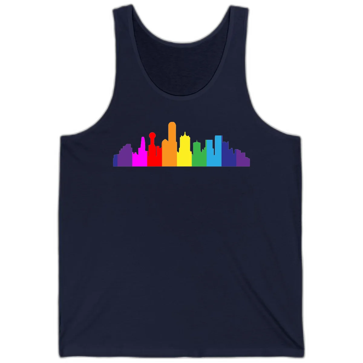 Colorful city skyline silhouette in rainbow pride colors transitioning from purple through red, orange, yellow, green, cyan and blue in Navy