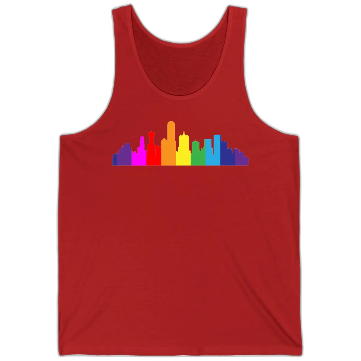 Colorful city skyline silhouette in rainbow pride colors transitioning from purple through red, orange, yellow, green, cyan and blue in Red