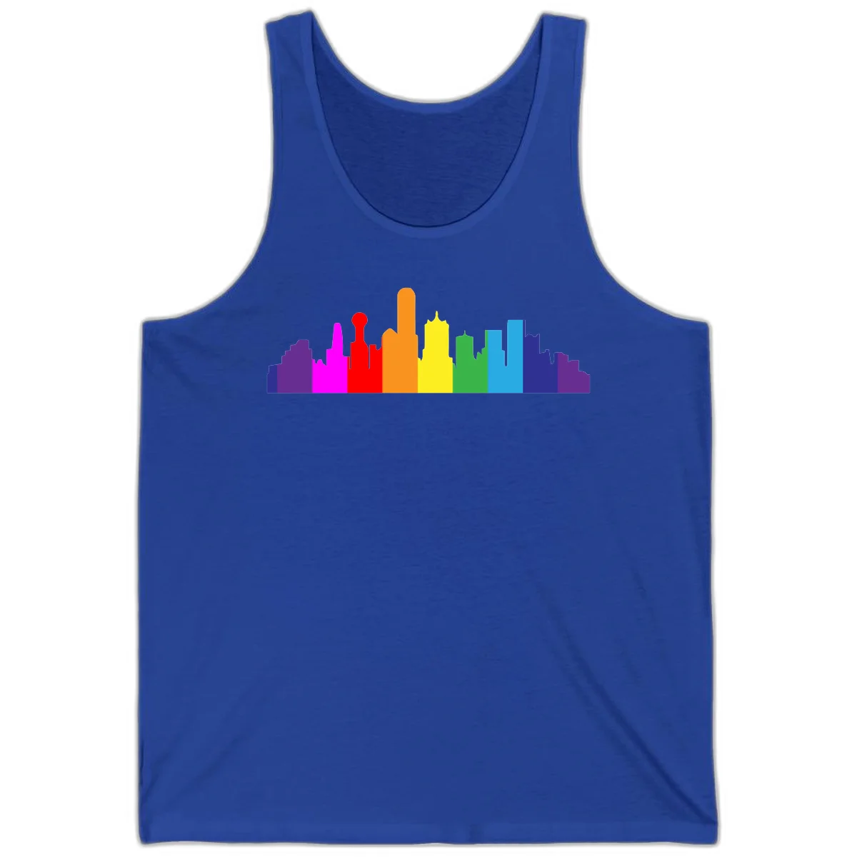 Colorful city skyline silhouette in rainbow pride colors transitioning from purple through red, orange, yellow, green, cyan and blue in True Royal