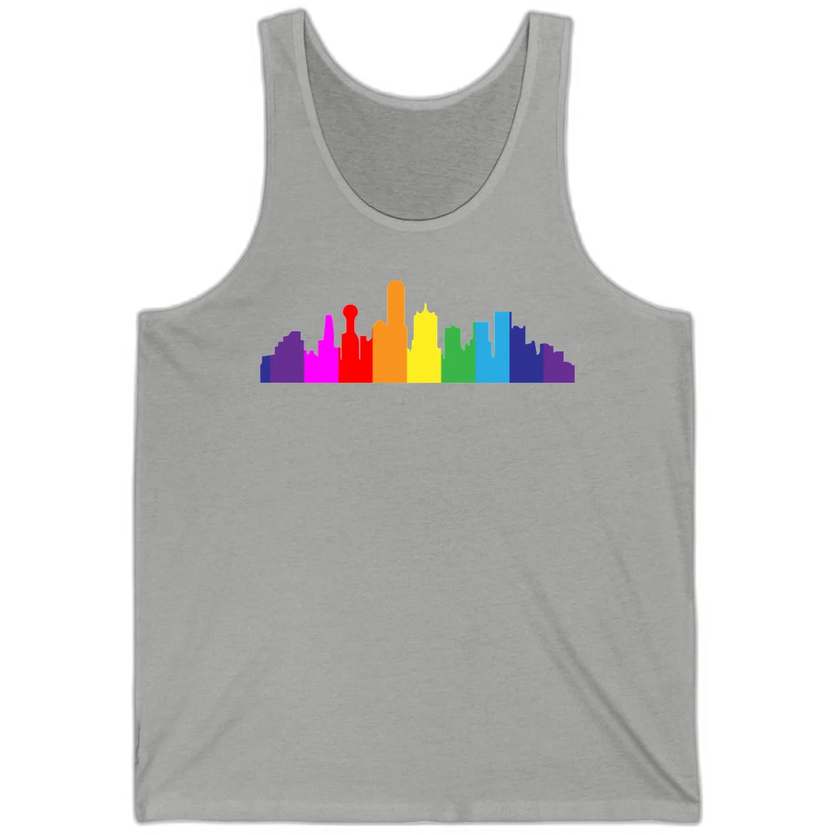 Colorful city skyline silhouette in rainbow pride colors transitioning from purple through red, orange, yellow, green, cyan and blue in Athletic Heather