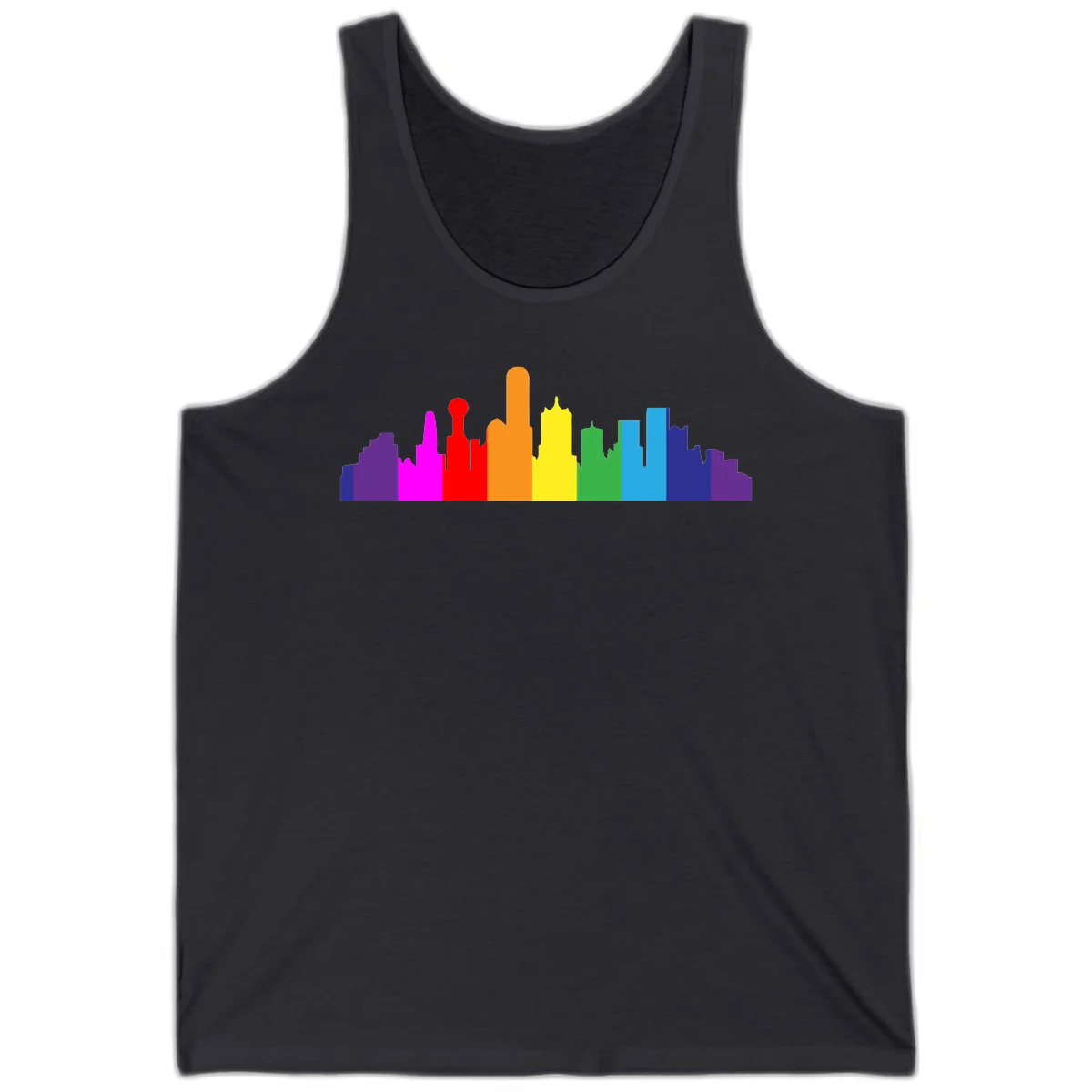 Colorful city skyline silhouette in rainbow pride colors transitioning from purple through red, orange, yellow, green, cyan and blue in Dark Grey