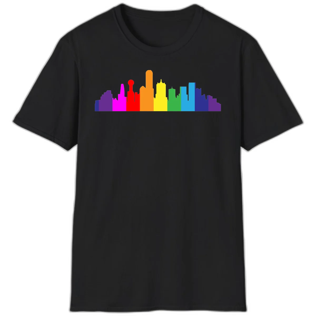 Colorful city skyline silhouette in rainbow pride colors transitioning from purple through red, orange, yellow, green, cyan and blue in Black