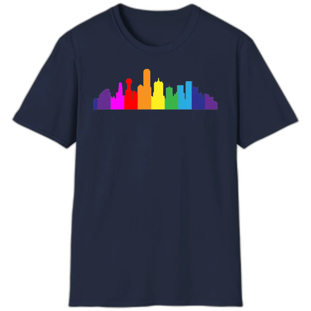 Colorful city skyline silhouette in rainbow pride colors transitioning from purple through red, orange, yellow, green, cyan and blue in Navy