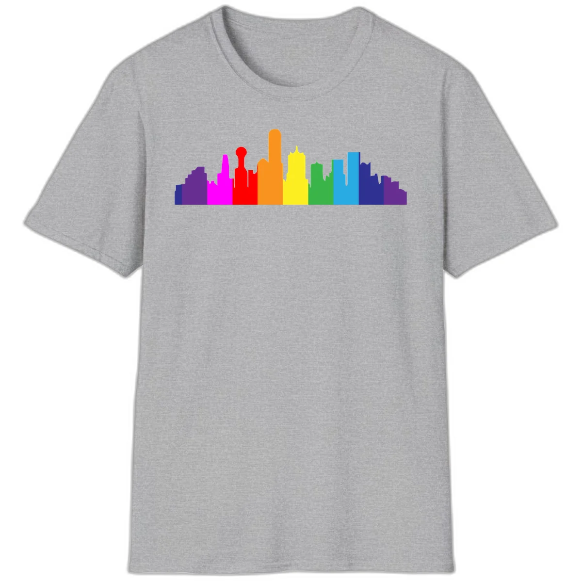 Colorful city skyline silhouette in rainbow pride colors transitioning from purple through red, orange, yellow, green, cyan and blue in Sport Grey