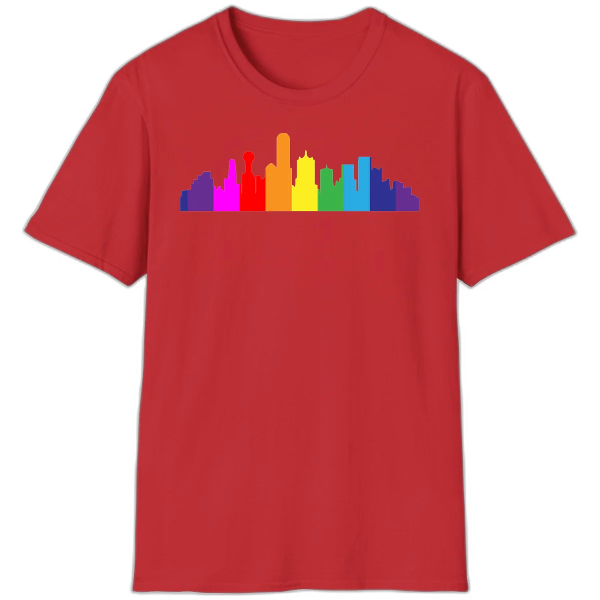 Colorful city skyline silhouette in rainbow pride colors transitioning from purple through red, orange, yellow, green, cyan and blue in Red