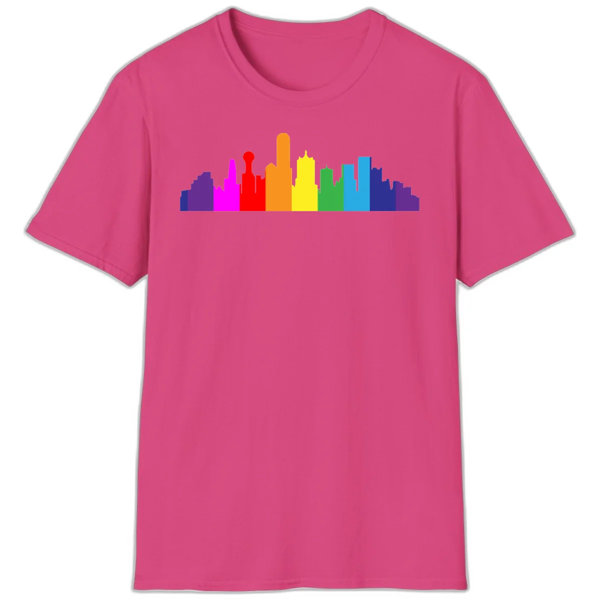 Colorful city skyline silhouette in rainbow pride colors transitioning from purple through red, orange, yellow, green, cyan and blue in Heliconia