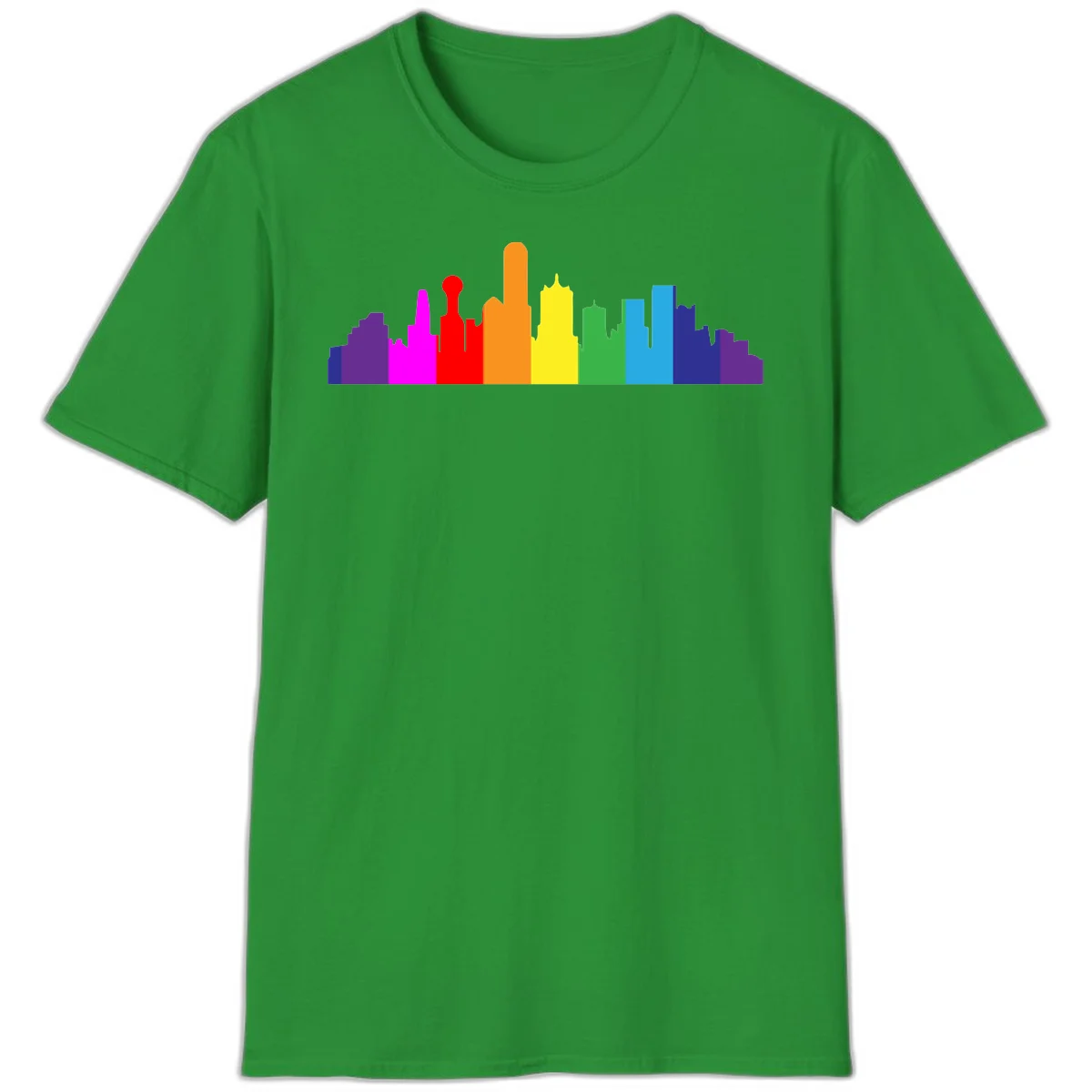 Colorful city skyline silhouette in rainbow pride colors transitioning from purple through red, orange, yellow, green, cyan and blue in Irish Green