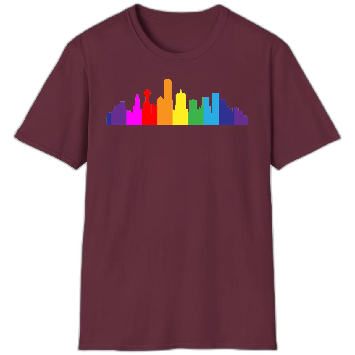 Colorful city skyline silhouette in rainbow pride colors transitioning from purple through red, orange, yellow, green, cyan and blue in Maroon