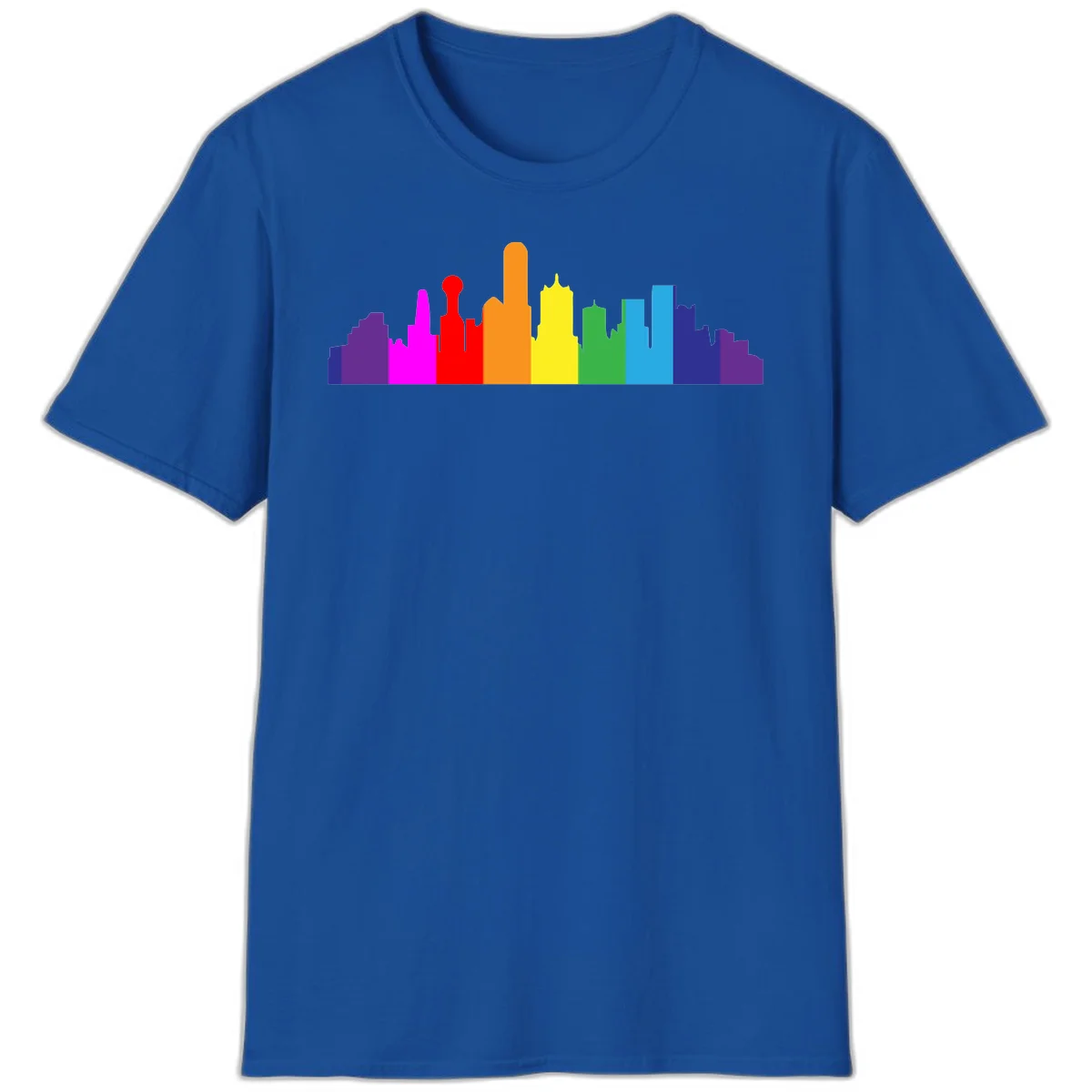 Colorful city skyline silhouette in rainbow pride colors transitioning from purple through red, orange, yellow, green, cyan and blue in Royal