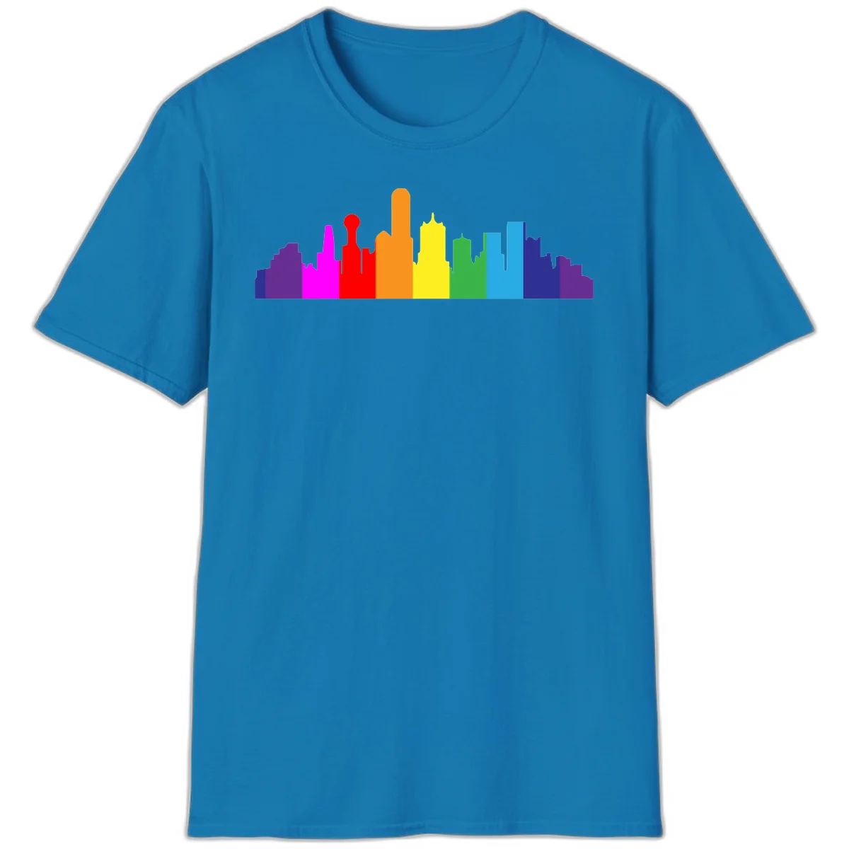 Colorful city skyline silhouette in rainbow pride colors transitioning from purple through red, orange, yellow, green, cyan and blue in Sapphire