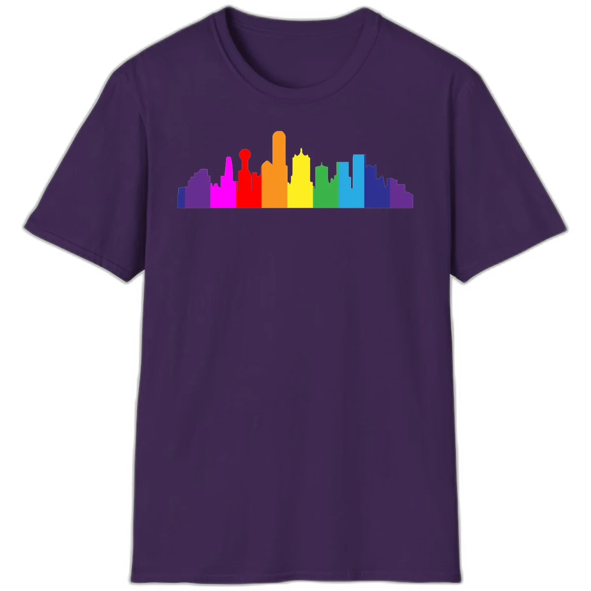 Colorful city skyline silhouette in rainbow pride colors transitioning from purple through red, orange, yellow, green, cyan and blue in Purple