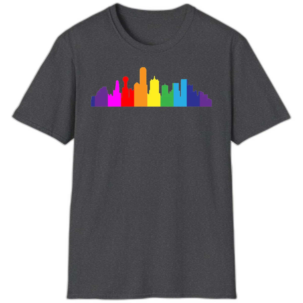 Colorful city skyline silhouette in rainbow pride colors transitioning from purple through red, orange, yellow, green, cyan and blue in Dark Heather