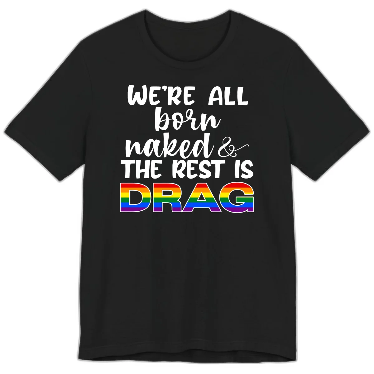 Born naked rest is drag design with rainbow pride flag letters spelling DRAG in white text on gray background in Black