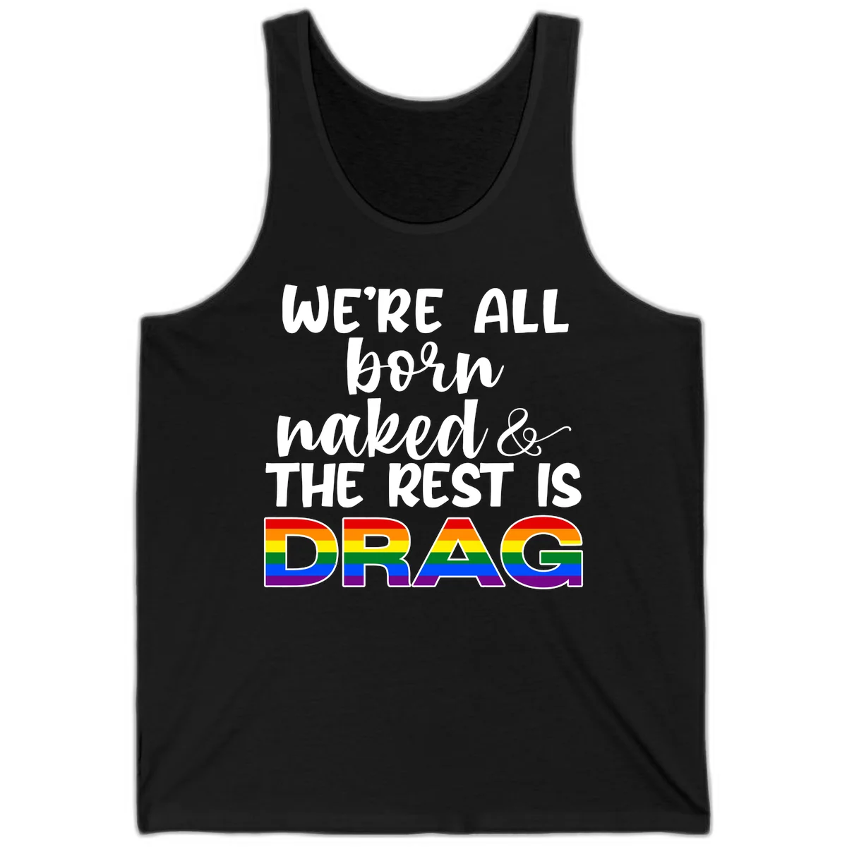 Born naked rest is drag design with rainbow pride flag letters spelling DRAG in white text on gray background in Black