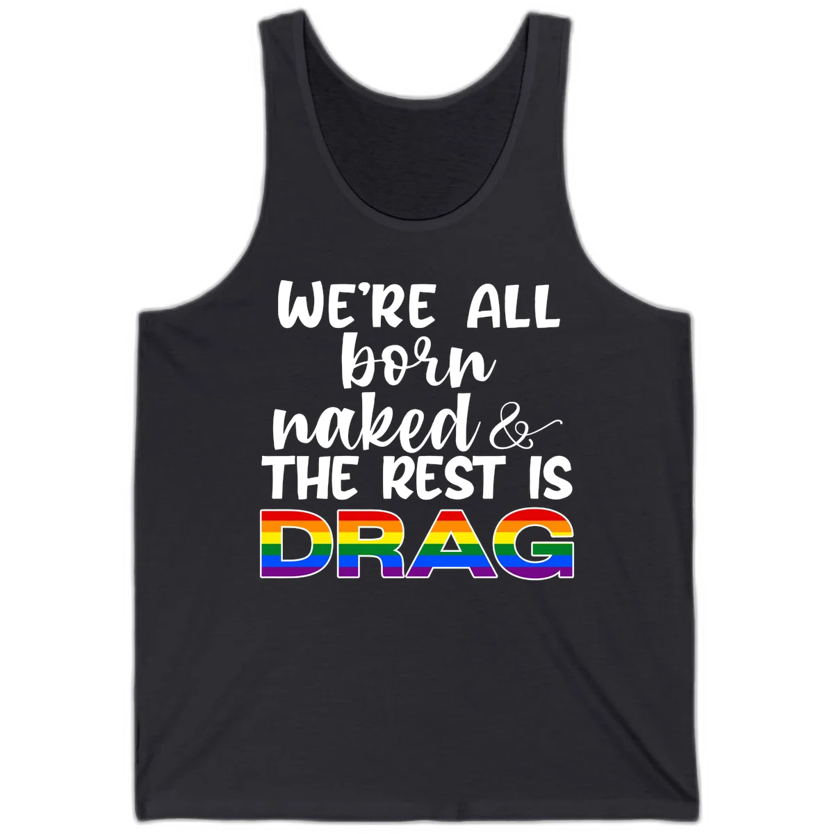 Born naked rest is drag design with rainbow pride flag letters spelling DRAG in white text on gray background in Dark Grey