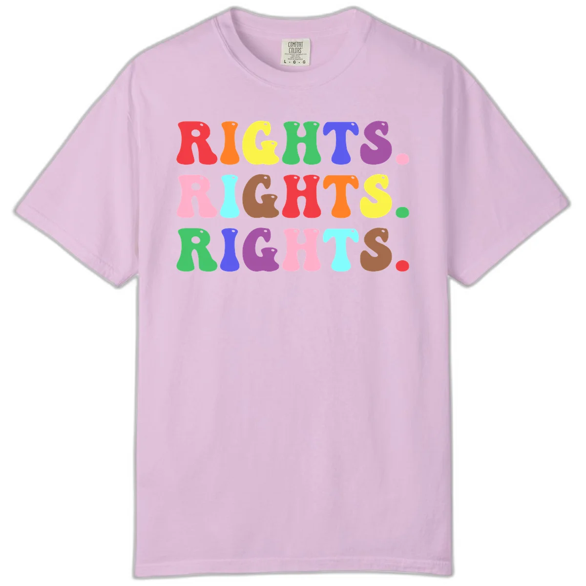 The word 'RIGHTS' repeated three times in large rainbow-colored letters with playful organic shapes and small dots, celebrating pride and equality. in Orchid