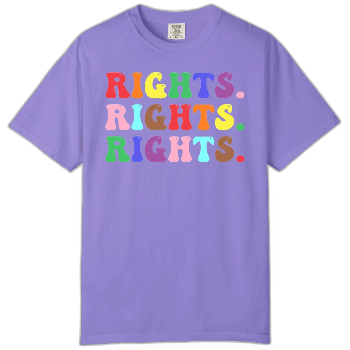 The word 'RIGHTS' repeated three times in large rainbow-colored letters with playful organic shapes and small dots, celebrating pride and equality. in Violet
