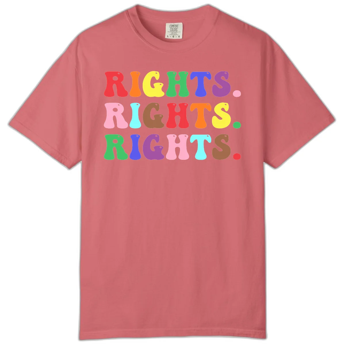 The word 'RIGHTS' repeated three times in large rainbow-colored letters with playful organic shapes and small dots, celebrating pride and equality. in Watermelon