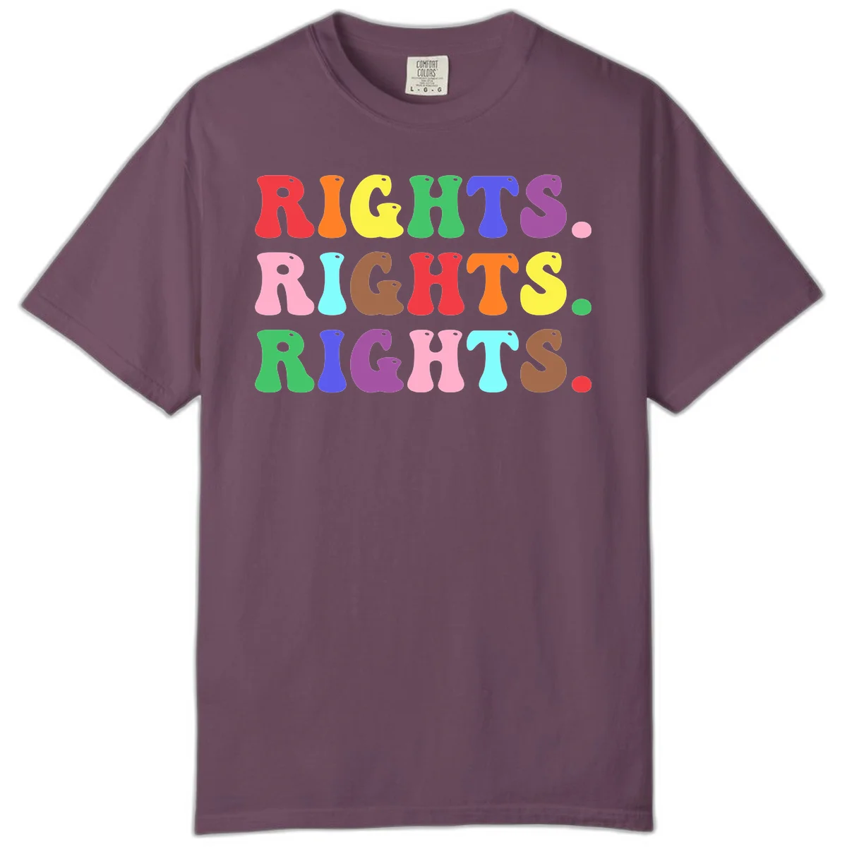 The word 'RIGHTS' repeated three times in large rainbow-colored letters with playful organic shapes and small dots, celebrating pride and equality. in Berry