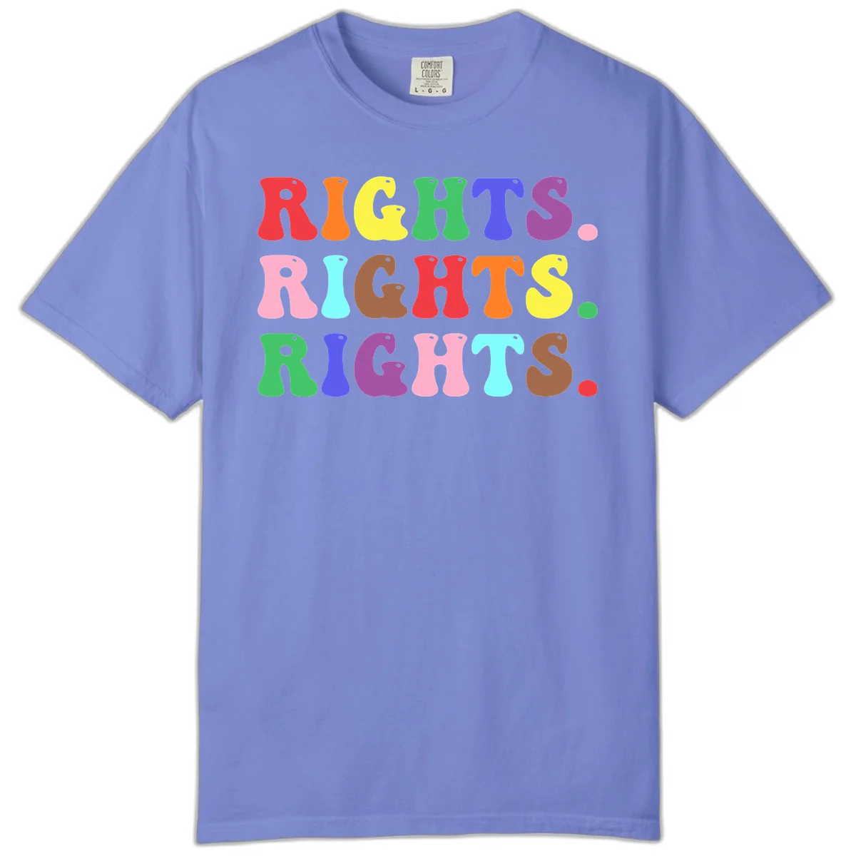 The word 'RIGHTS' repeated three times in large rainbow-colored letters with playful organic shapes and small dots, celebrating pride and equality. in Flo Blue