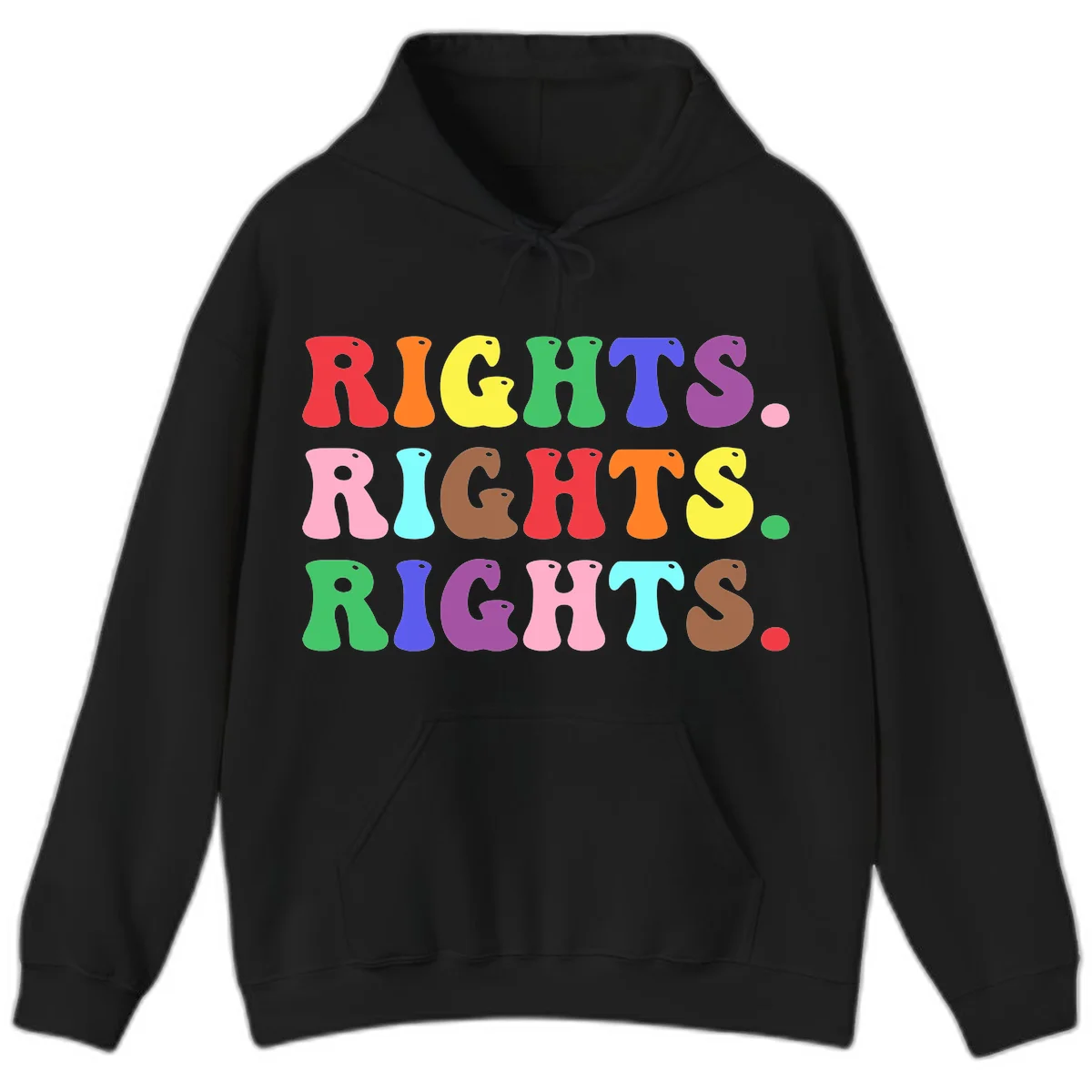 The word 'RIGHTS' repeated three times in large rainbow-colored letters with playful organic shapes and small dots, celebrating pride and equality. in Black