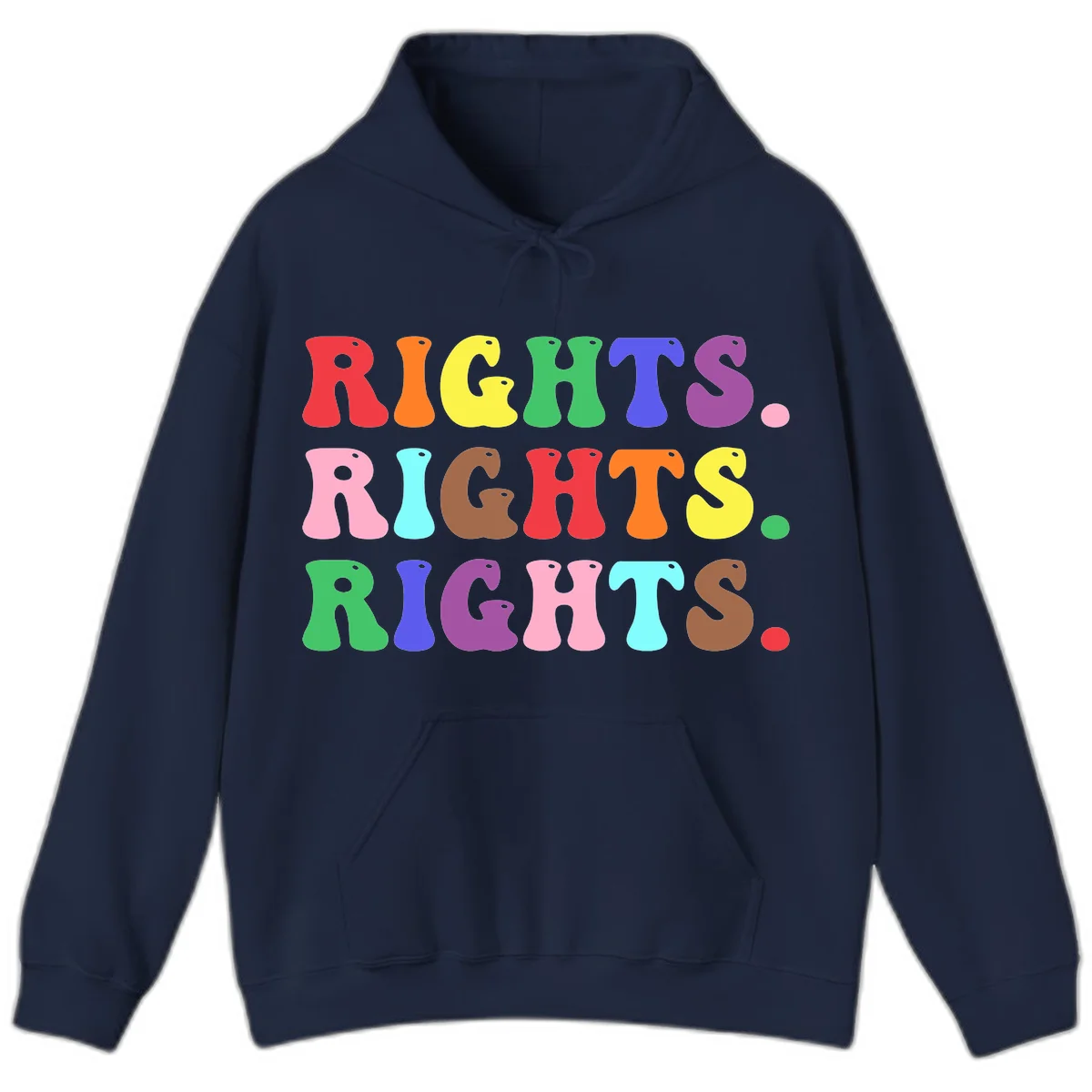 The word 'RIGHTS' repeated three times in large rainbow-colored letters with playful organic shapes and small dots, celebrating pride and equality. in Navy