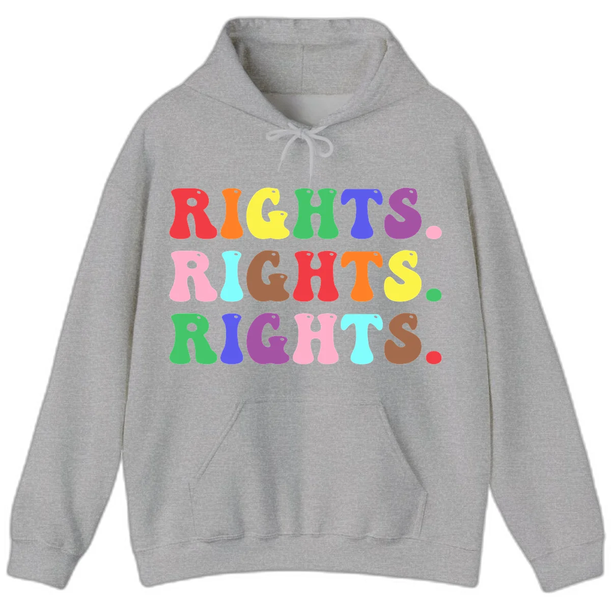 The word 'RIGHTS' repeated three times in large rainbow-colored letters with playful organic shapes and small dots, celebrating pride and equality. in Sport Grey