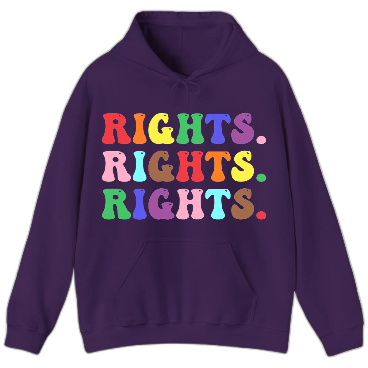 The word 'RIGHTS' repeated three times in large rainbow-colored letters with playful organic shapes and small dots, celebrating pride and equality. in Purple