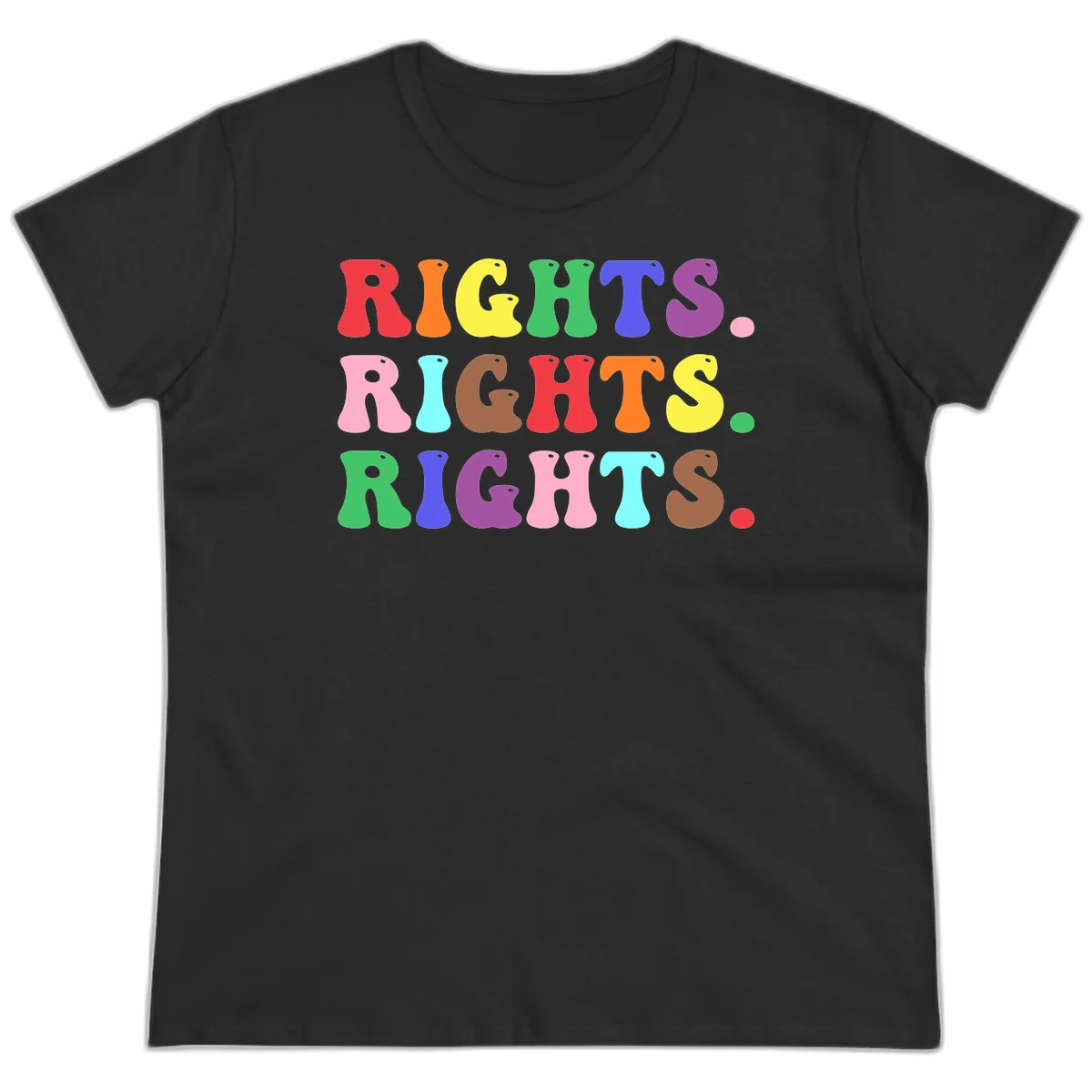 The word 'RIGHTS' repeated three times in large rainbow-colored letters with playful organic shapes and small dots, celebrating pride and equality. in Black