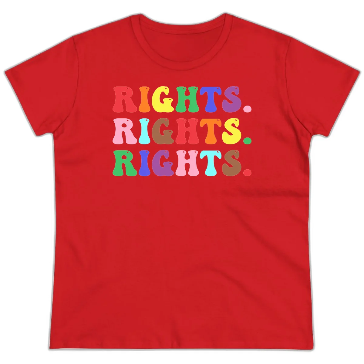 The word 'RIGHTS' repeated three times in large rainbow-colored letters with playful organic shapes and small dots, celebrating pride and equality. in Red