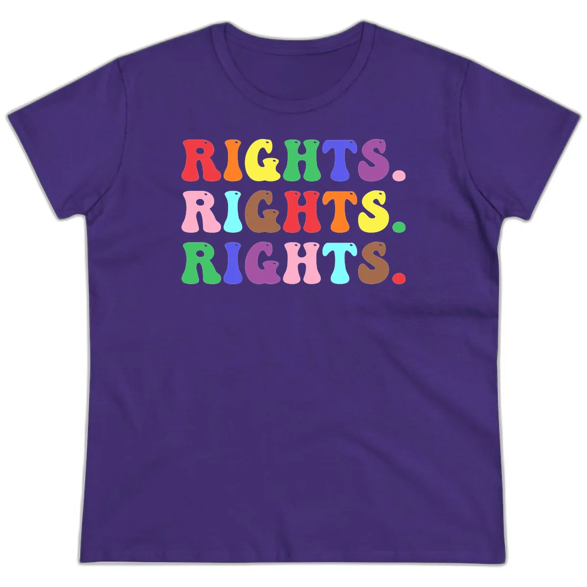 The word 'RIGHTS' repeated three times in large rainbow-colored letters with playful organic shapes and small dots, celebrating pride and equality. in Purple