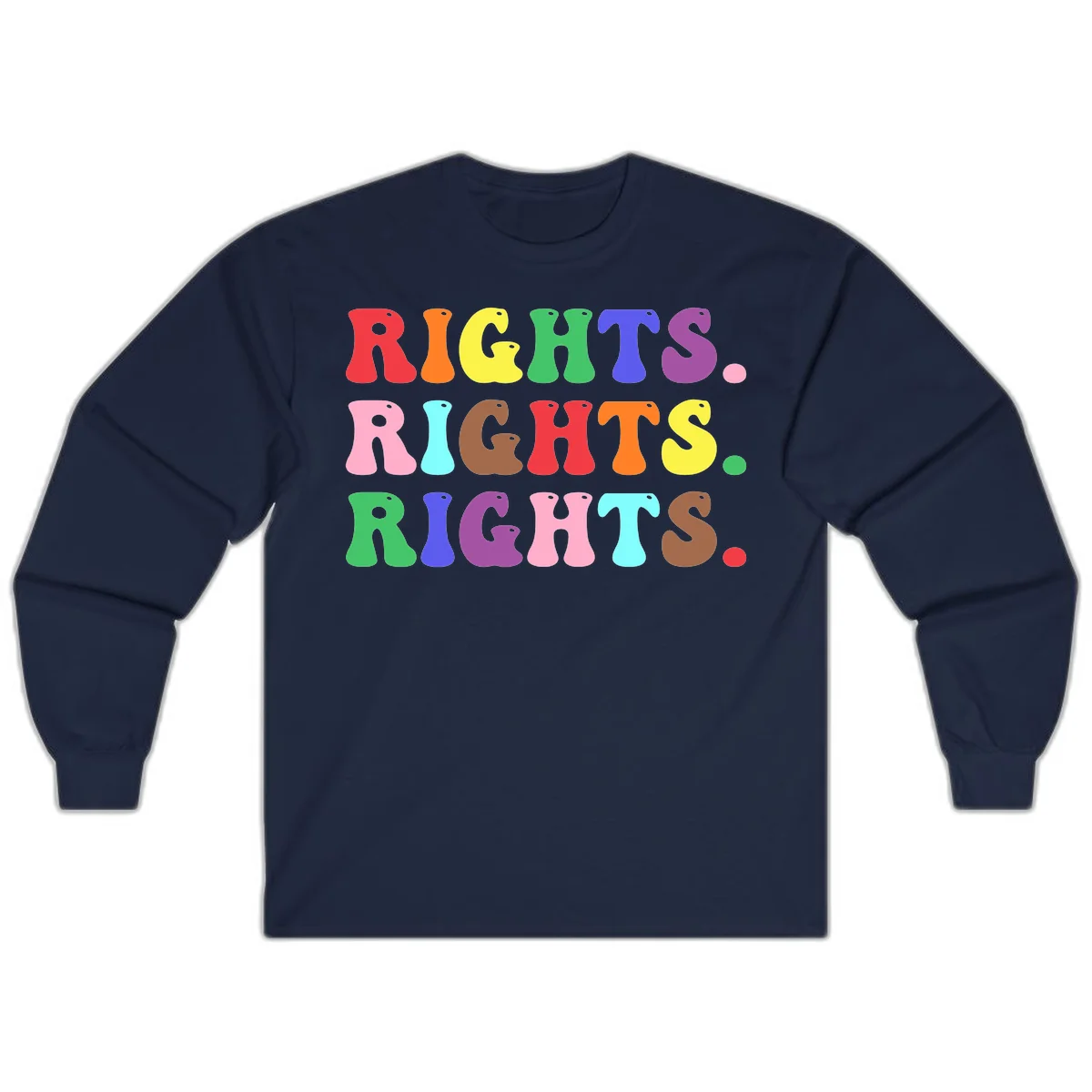 The word 'RIGHTS' repeated three times in large rainbow-colored letters with playful organic shapes and small dots, celebrating pride and equality. in Navy
