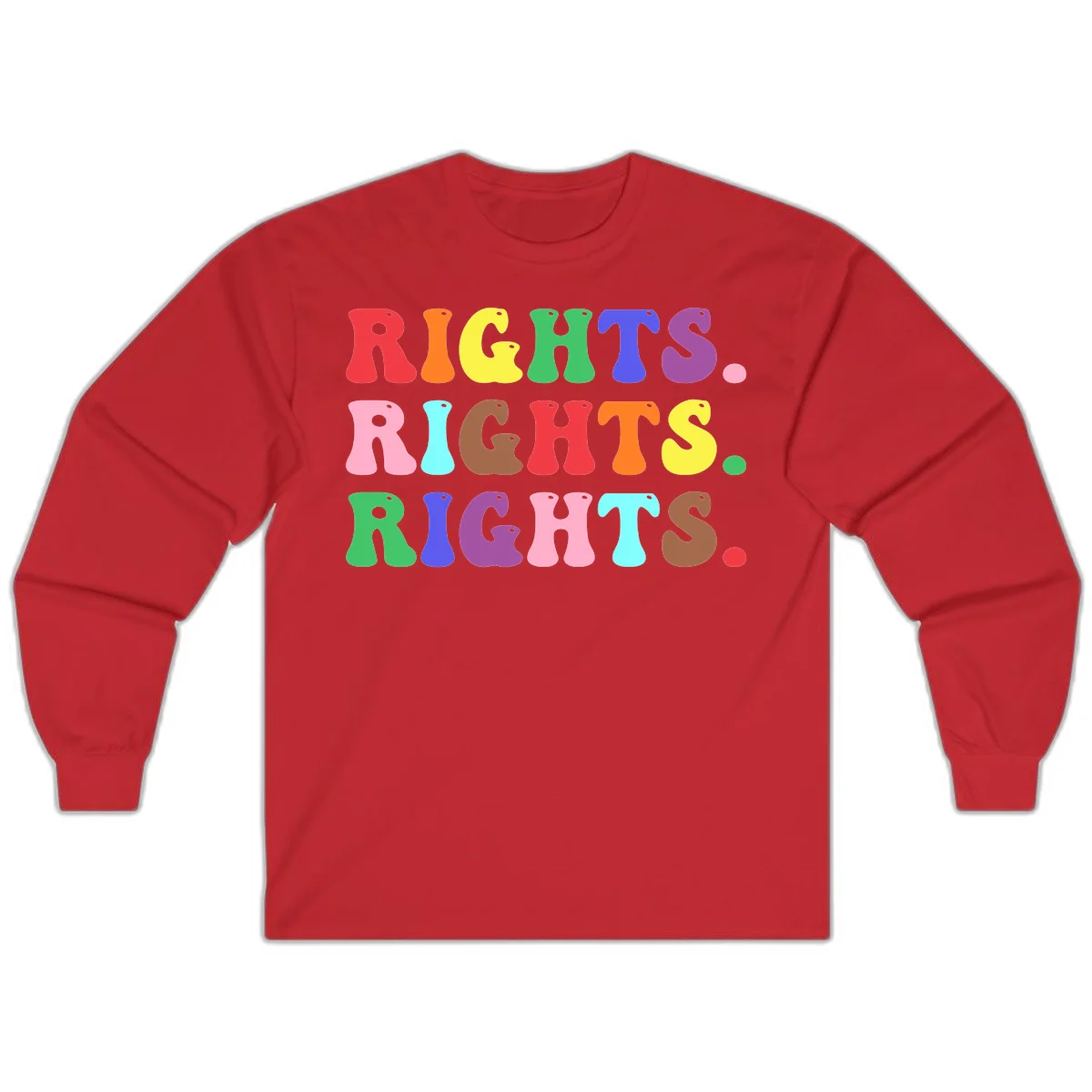 The word 'RIGHTS' repeated three times in large rainbow-colored letters with playful organic shapes and small dots, celebrating pride and equality. in Red