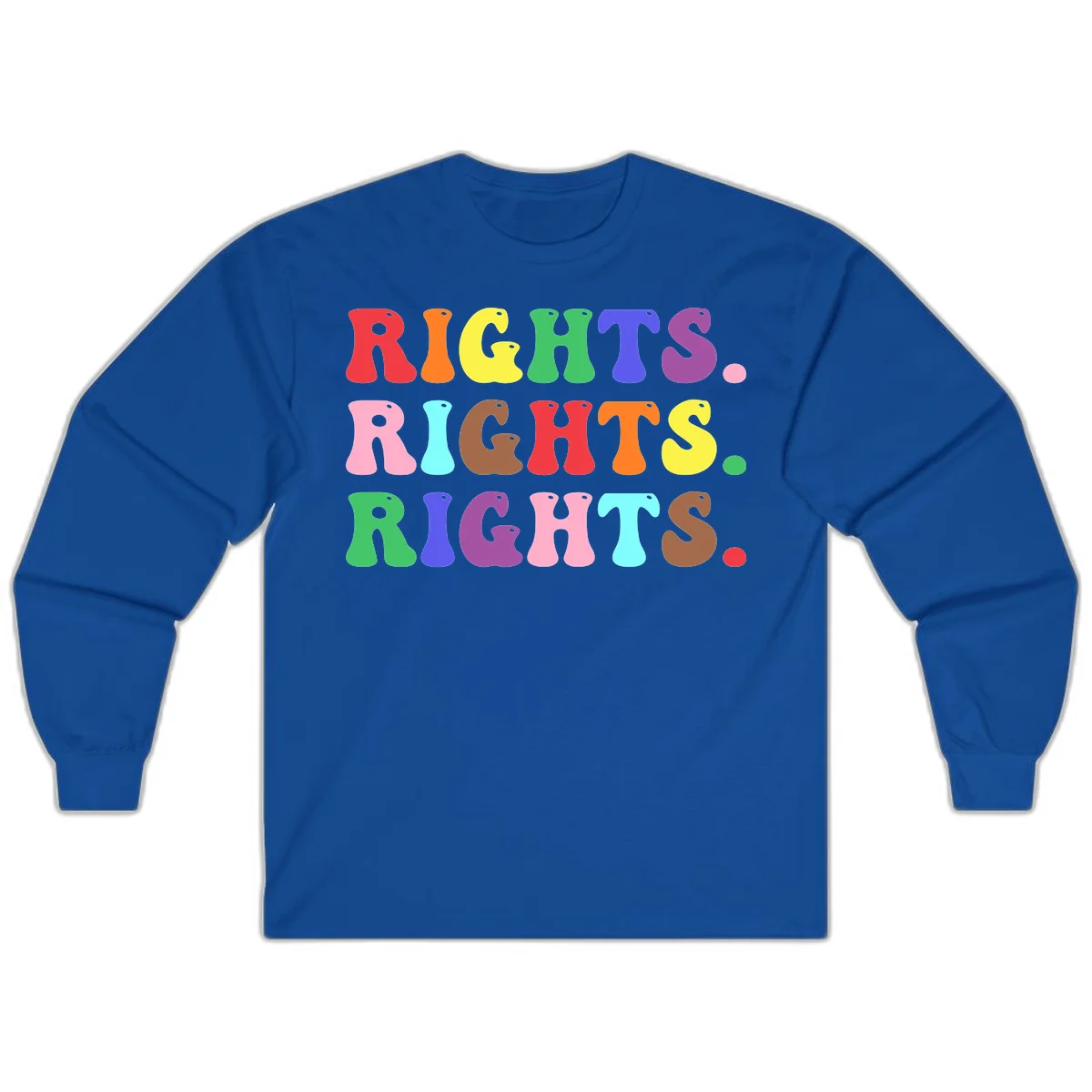 The word 'RIGHTS' repeated three times in large rainbow-colored letters with playful organic shapes and small dots, celebrating pride and equality. in Royal