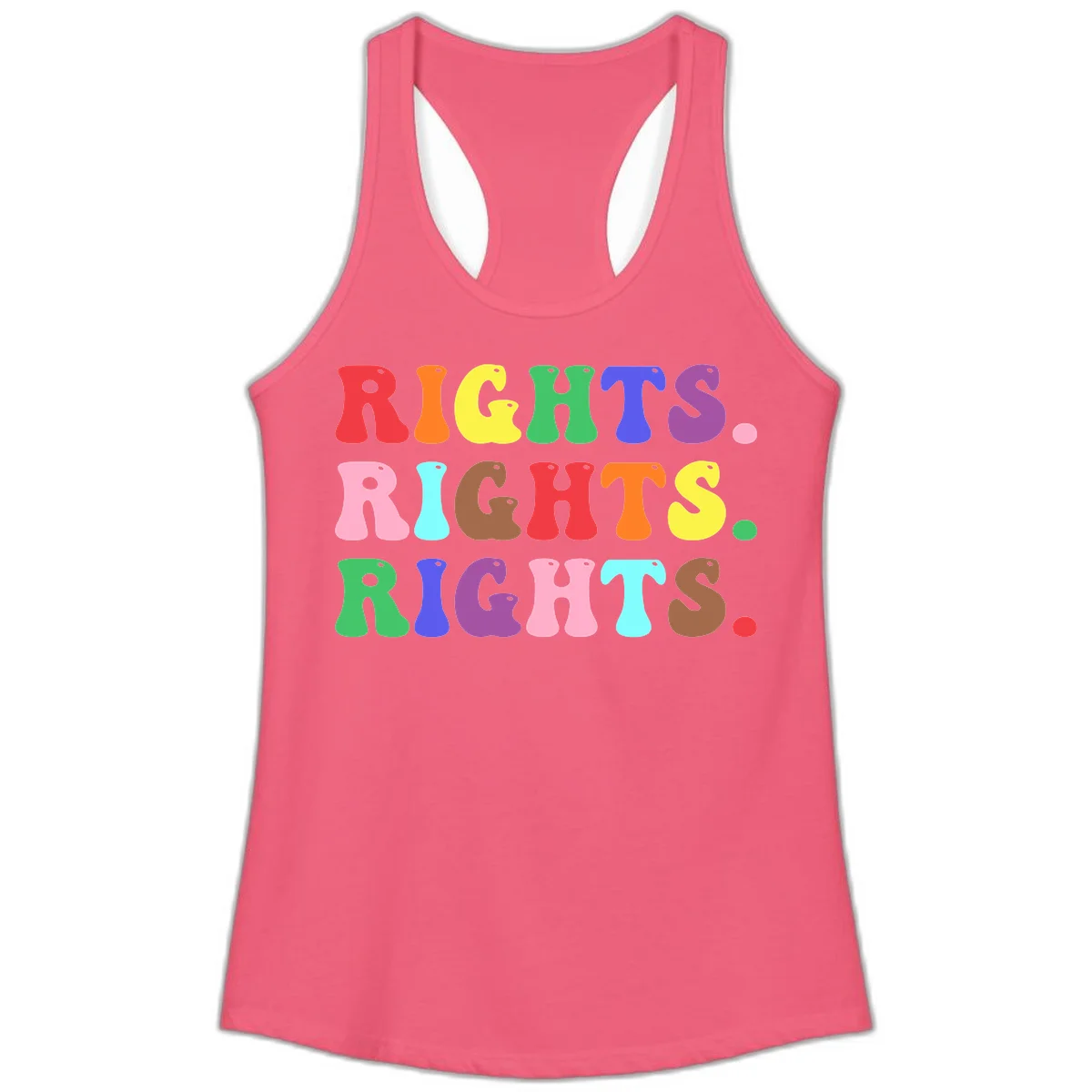 The word 'RIGHTS' repeated three times in large rainbow-colored letters with playful organic shapes and small dots, celebrating pride and equality. in Hot Pink