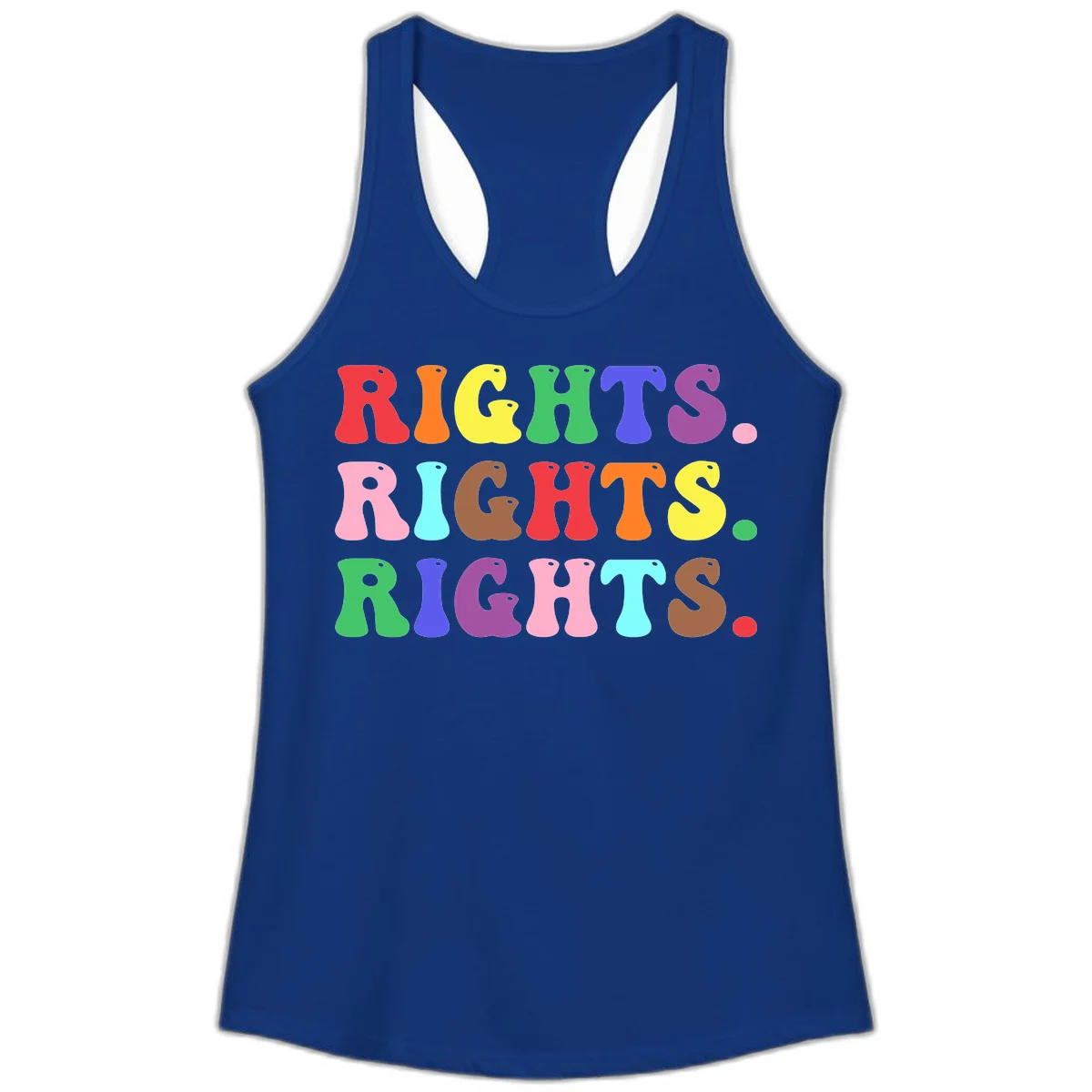 The word 'RIGHTS' repeated three times in large rainbow-colored letters with playful organic shapes and small dots, celebrating pride and equality. in Solid Royal